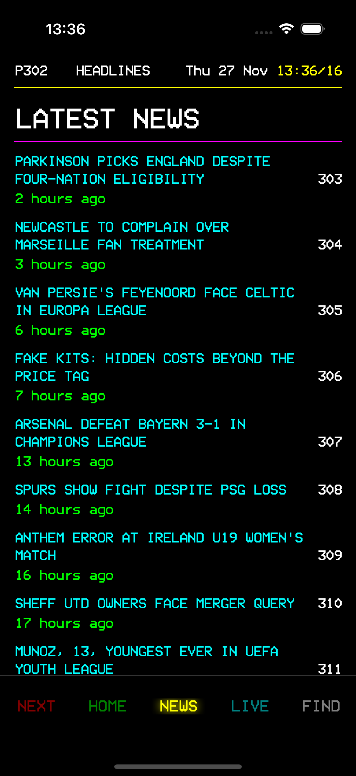 QFAX News - Football headlines in teletext style